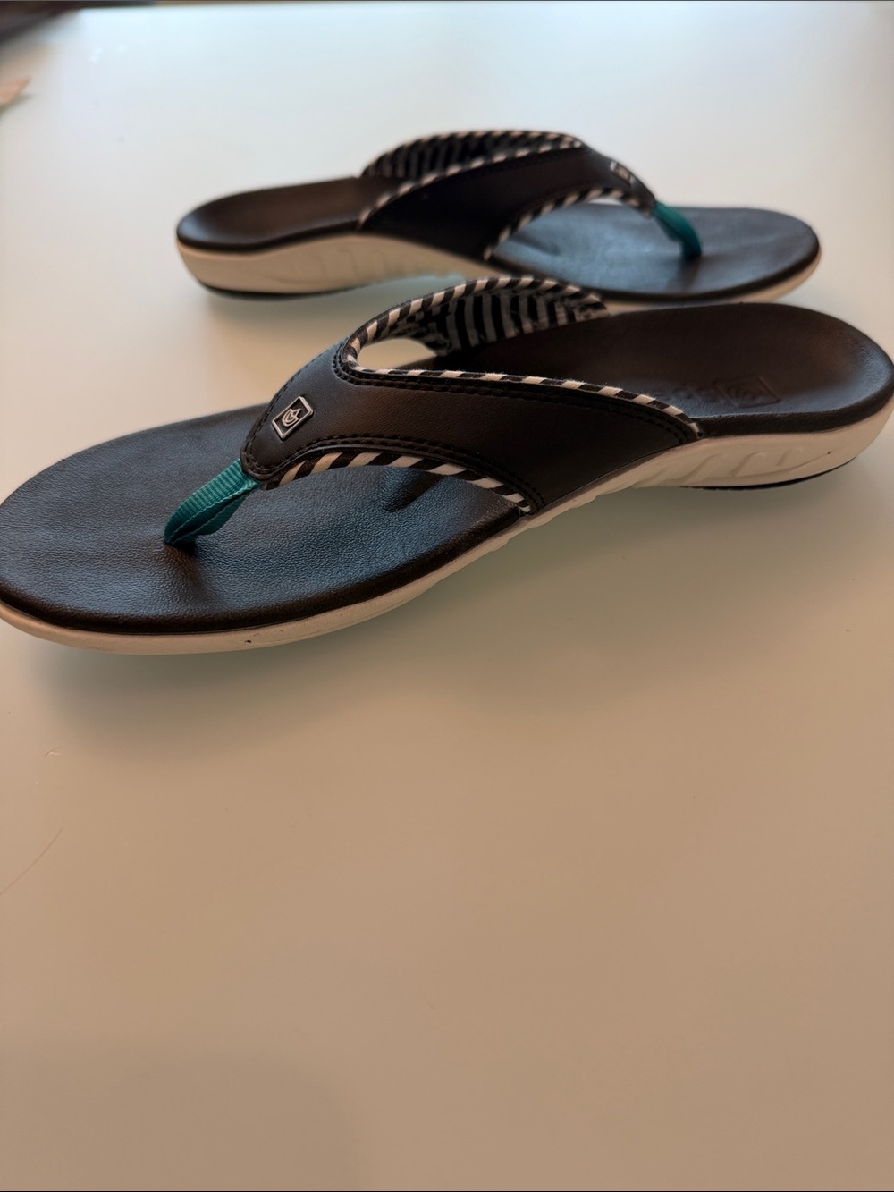 Navy Women's Yumi Thong Sandals with Teal Accent and Navy & White Piping Trim - Picture 6 of 6